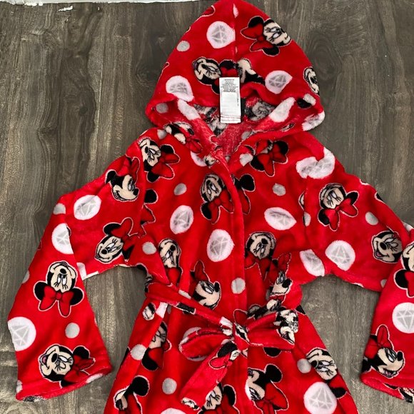DISNEY MINNIE MOUSE Girls Size Medium (8) Hooded Robe White Red Black Fuzzy Soft - Picture 3 of 8